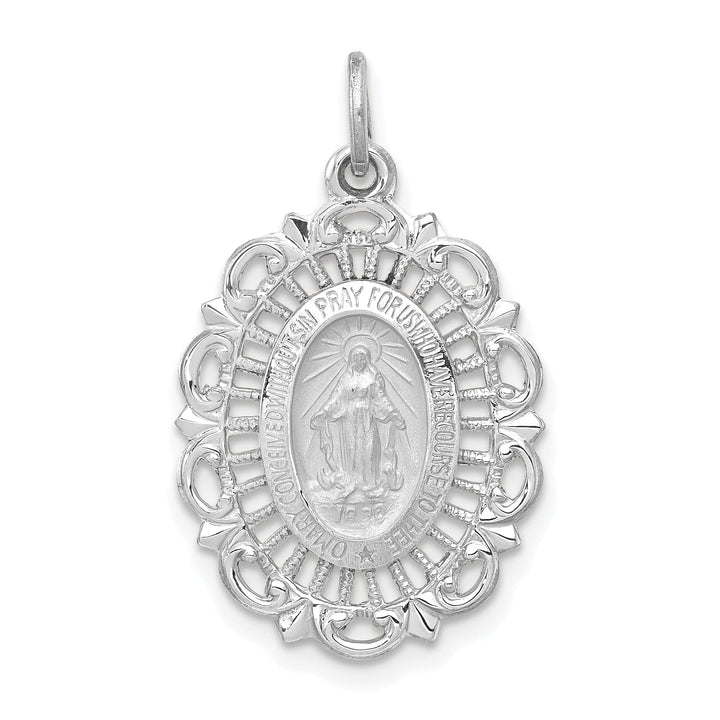 14K White Gold Miraculous Medal Scalloped Edge Oval Pendant