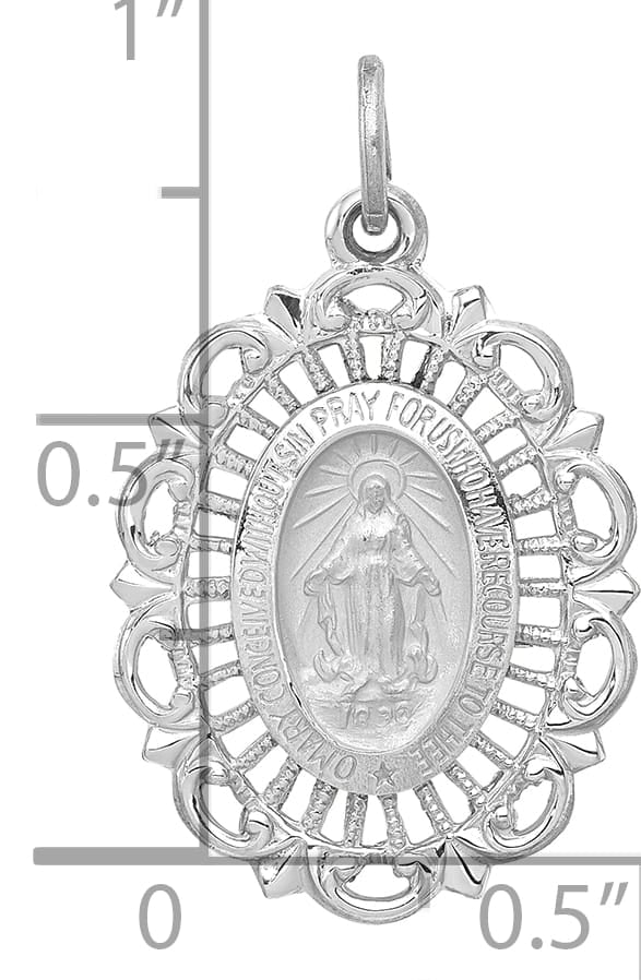 14K White Gold Miraculous Medal Scalloped Edge Oval Pendant