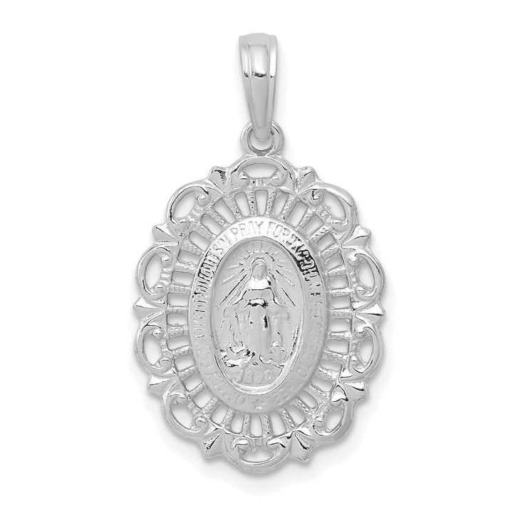 14K White Gold Miraculous Medal Scalloped Edge Oval Pendant