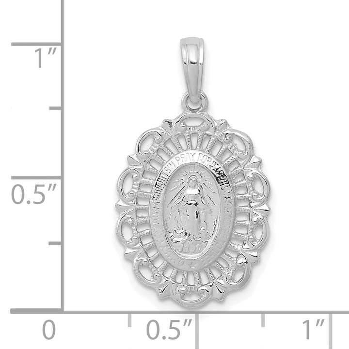 14K White Gold Miraculous Medal Scalloped Edge Oval Pendant