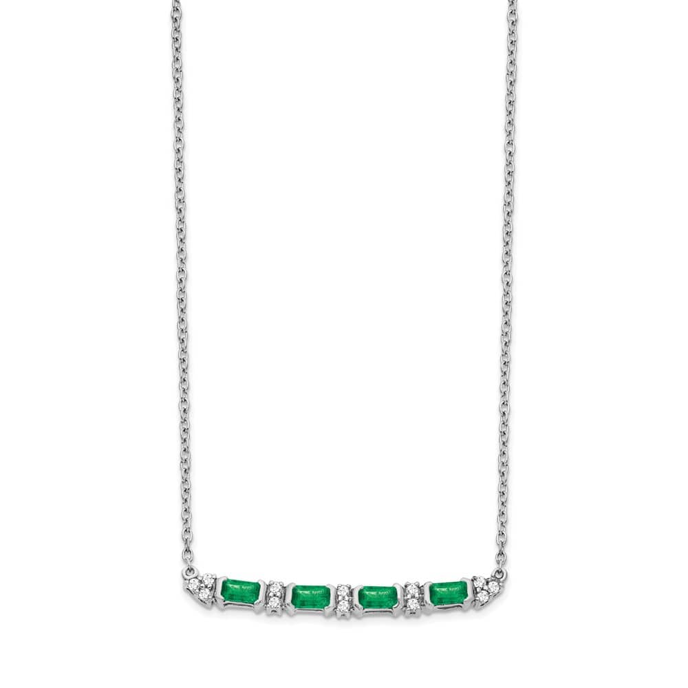 14K White Gold Octagon Emerald and Diamond Bar 18 inch Necklace