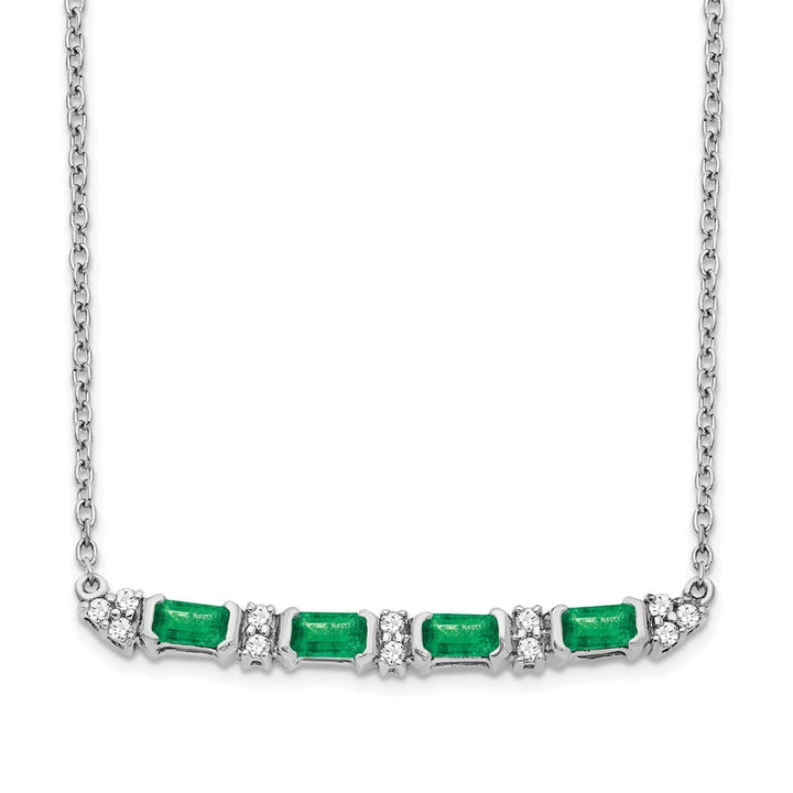 14K White Gold Octagon Emerald and Diamond Bar 18 inch Necklace