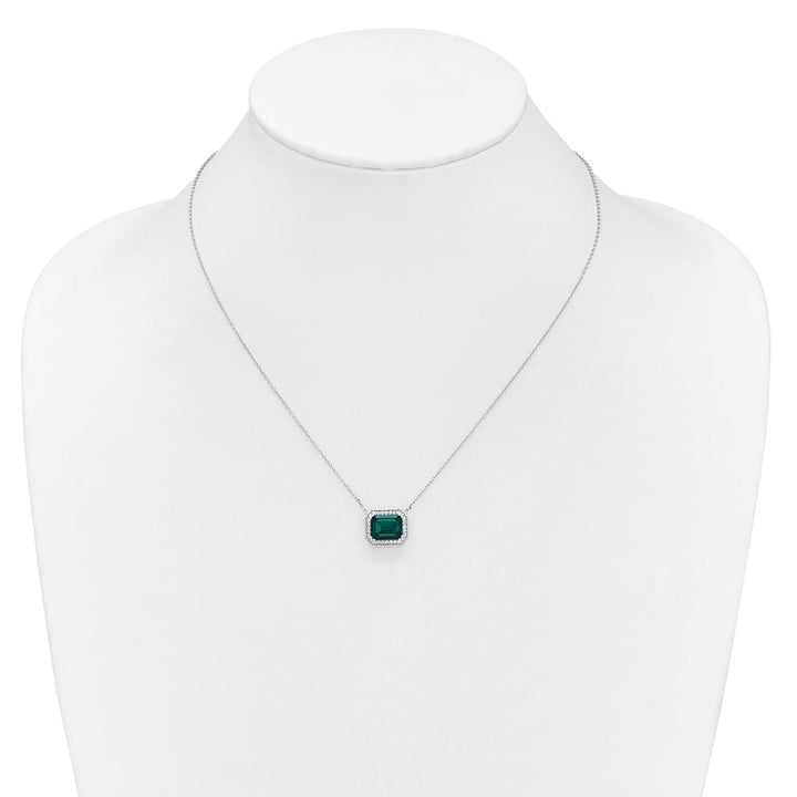 14K White Gold Octagon Lab Created Emerald Diamond 18 inch Necklace
