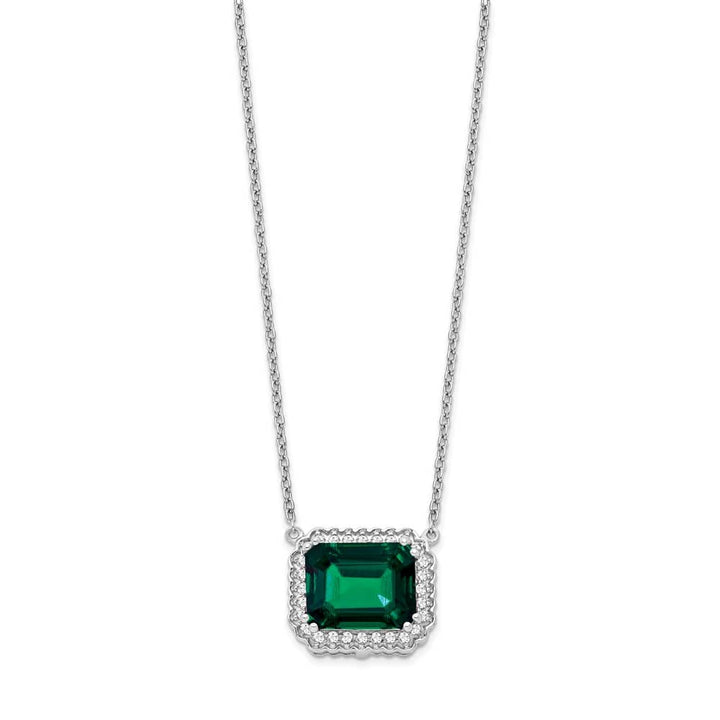 14K White Gold Octagon Lab Created Emerald Diamond 18 inch Necklace