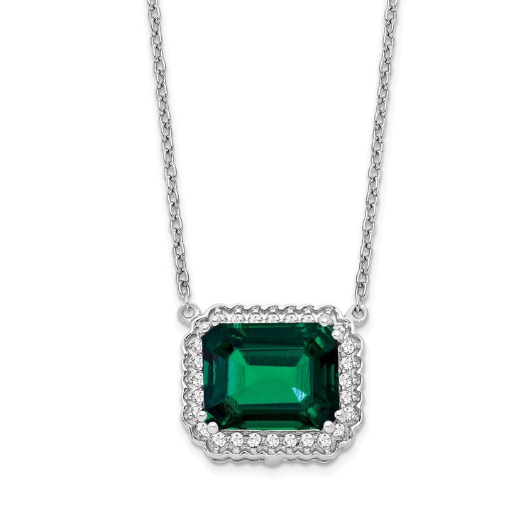 14K White Gold Octagon Lab Created Emerald Diamond 18 inch Necklace