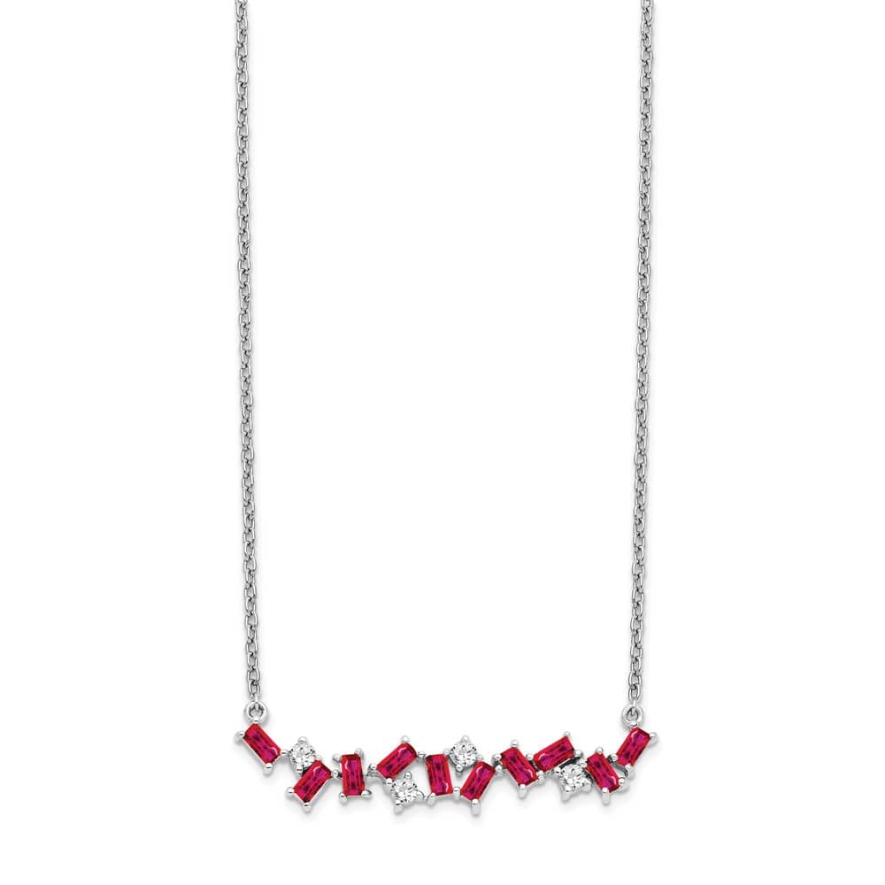 14K White Gold Octagon Ruby and Diamond 18 Inch Bar Necklace