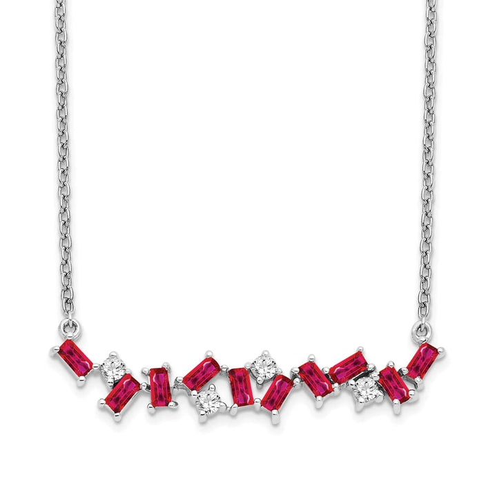14K White Gold Octagon Ruby and Diamond 18 Inch Bar Necklace