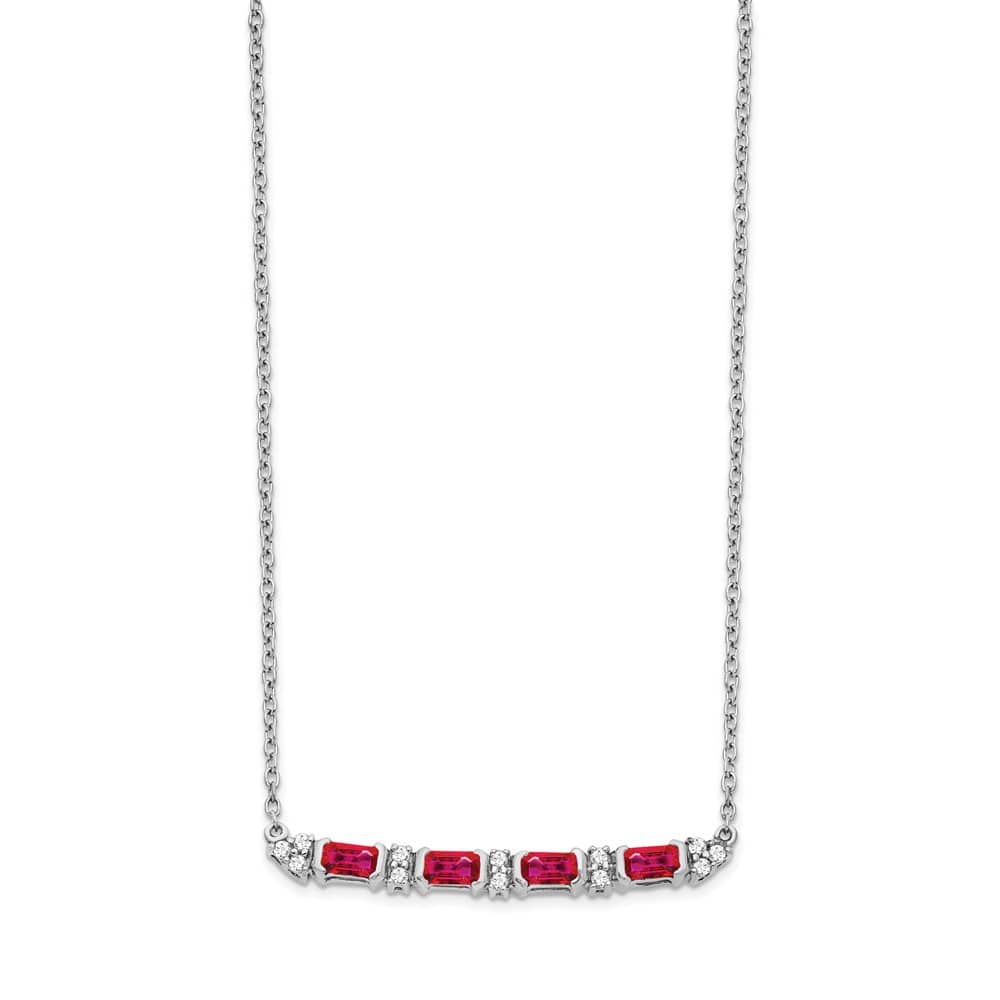 14K White Gold Octagon Ruby and Diamond Bar 18 inch Necklace