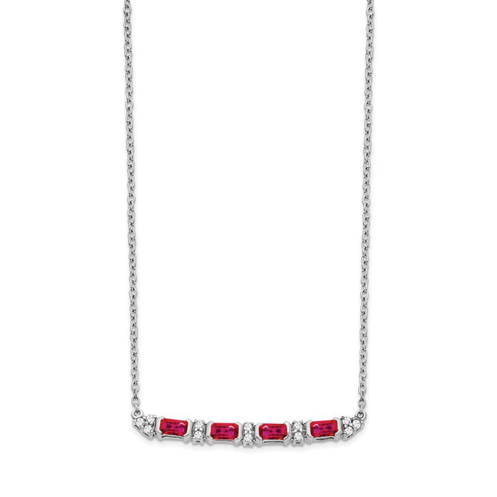 14K White Gold Octagon Ruby and Diamond Bar 18 inch Necklace