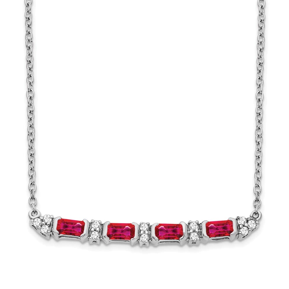 14K White Gold Octagon Ruby and Diamond Bar 18 inch Necklace