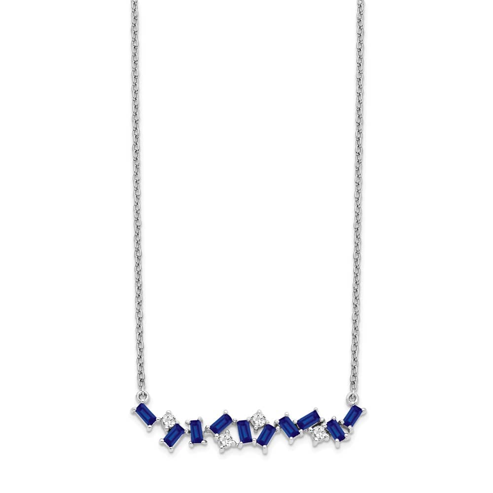 14K White Gold Octagon Sapphire and Diamond Bar 18 inch Necklace