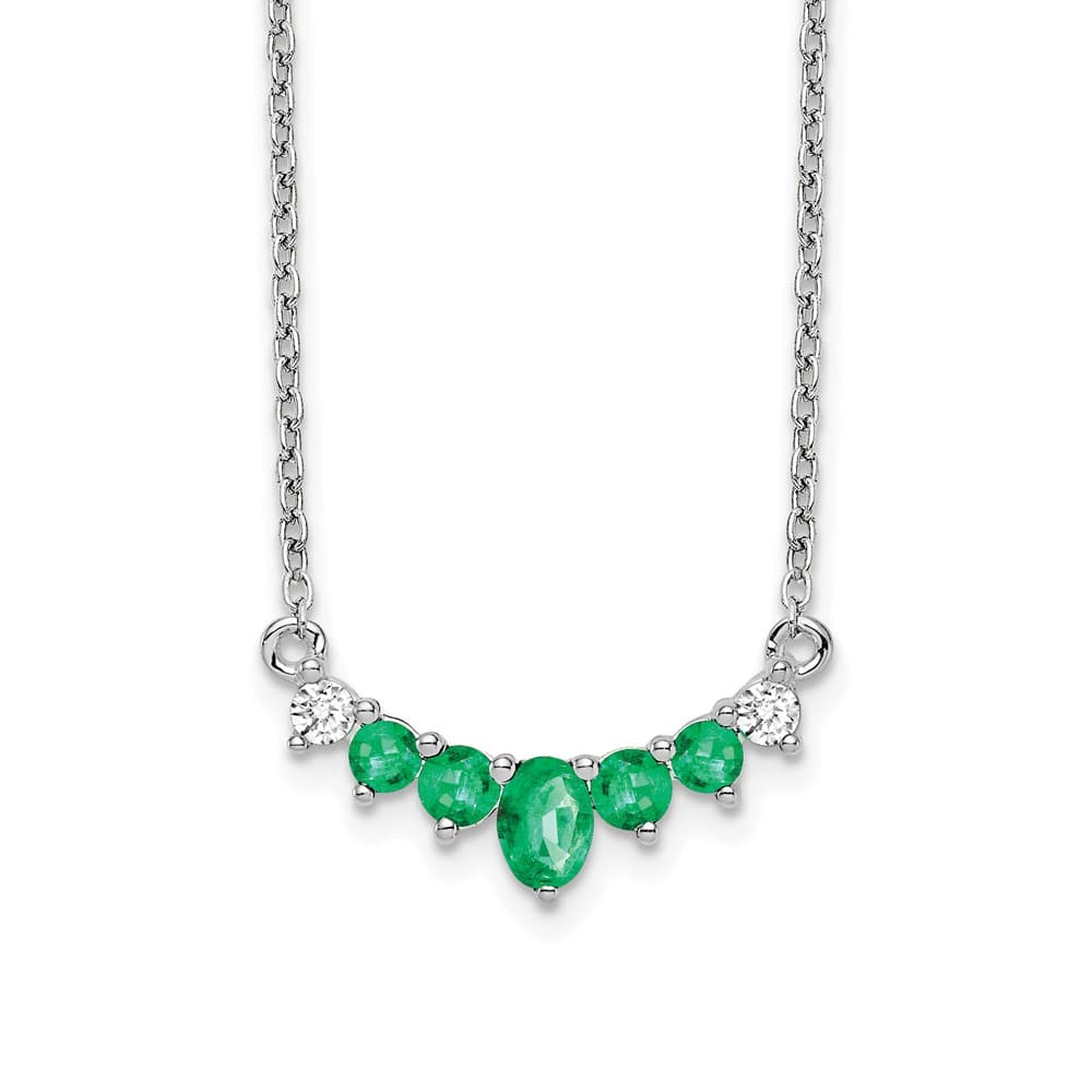 14K White Gold Oval and Round Emerald and Diamond 18 inch Necklace