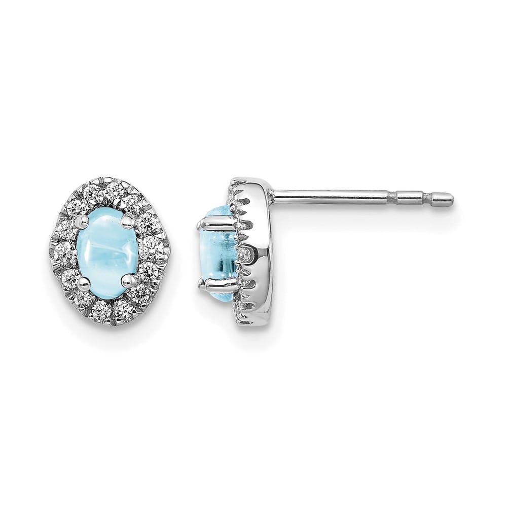 14K White Gold Oval Aquamarine Cabochon and Diamond Halo Post Earrings, view 1 of 4