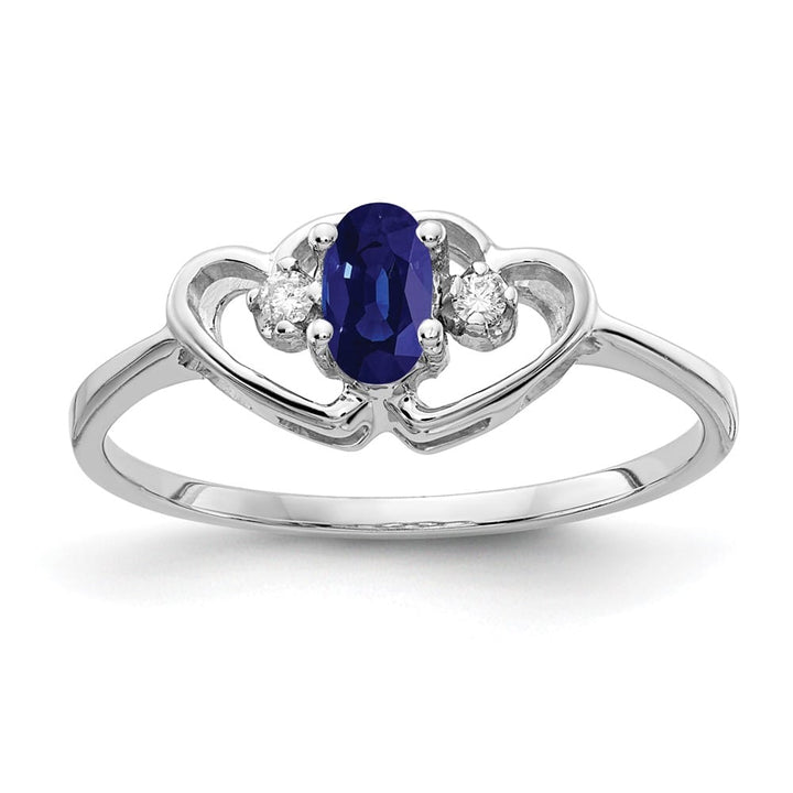 14k White Gold Oval Blue Sapphire and Diamond Two Hearts Ring