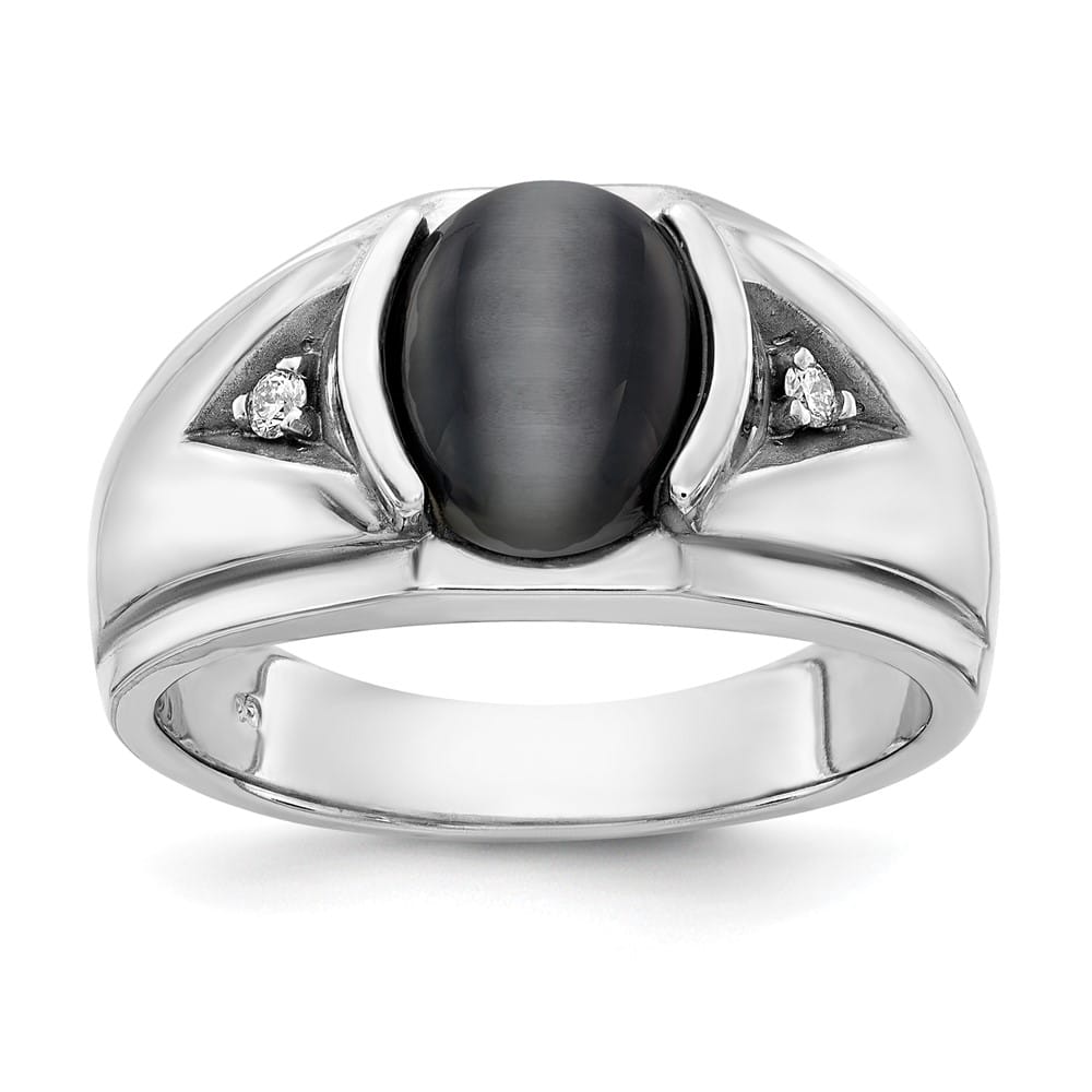 14k White Gold Oval Cats Eye and SI2/SI3 Diamond Men's Ring