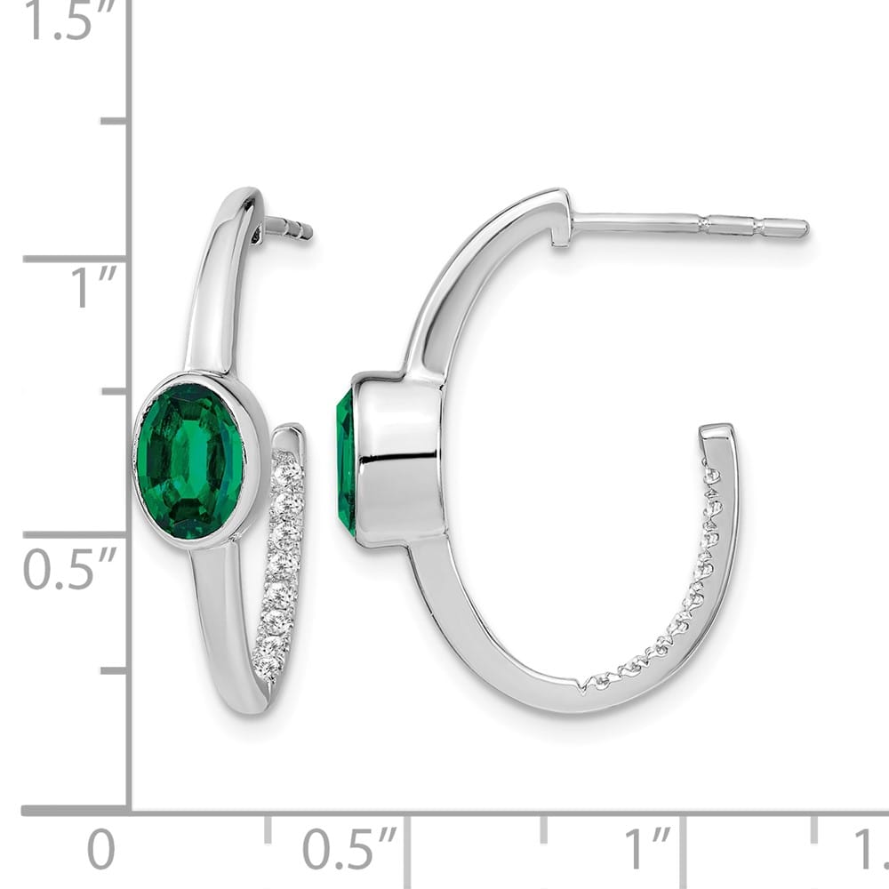 14K White Gold Oval Created Emerald and Diamond J-Hoop Post Earrings, view 4 of 4