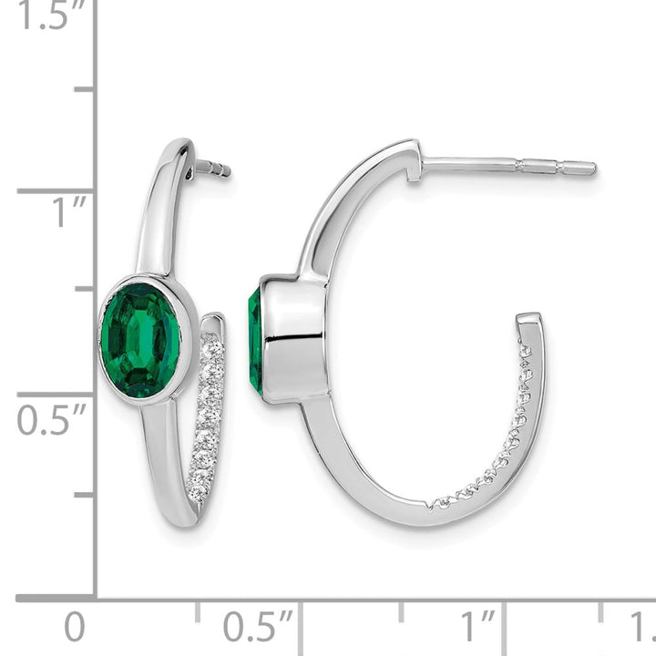 14K White Gold Oval Created Emerald and Diamond J-Hoop Post Earrings, view 4 of 4