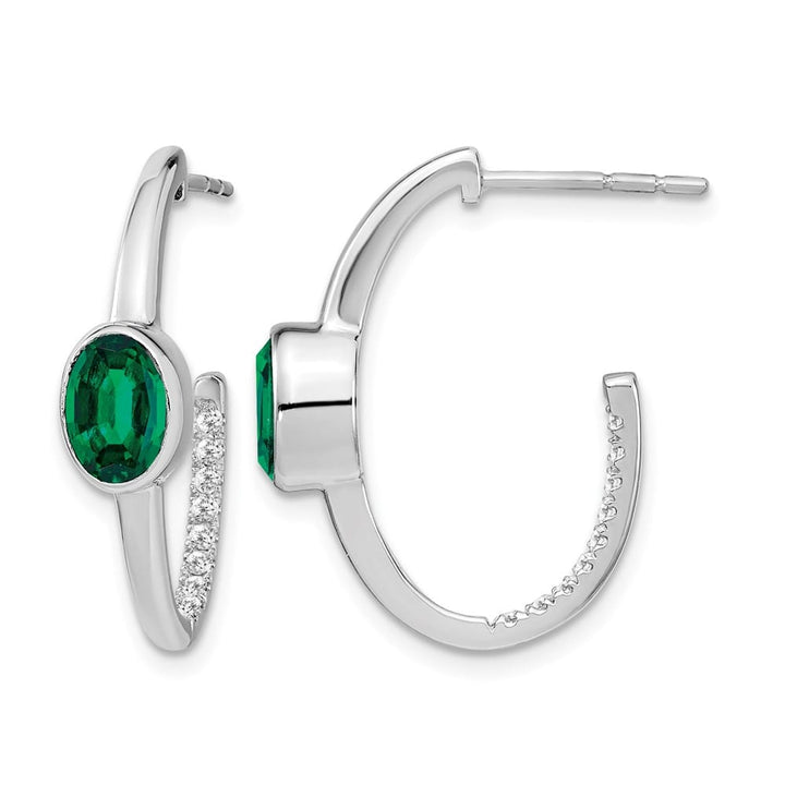 14K White Gold Oval Created Emerald and Diamond J-Hoop Post Earrings, view 1 of 4