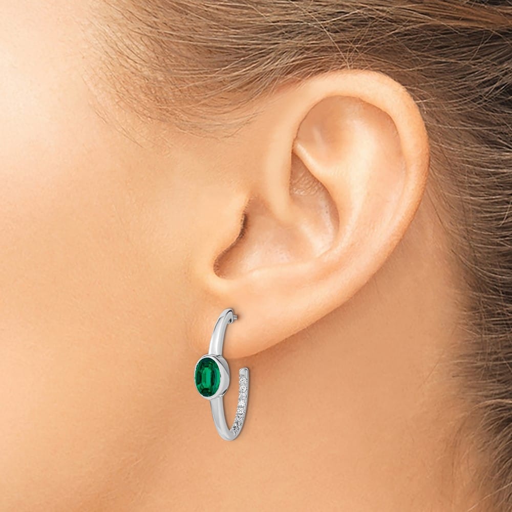 14K White Gold Oval Created Emerald and Diamond J-Hoop Post Earrings, view 3 of 4
