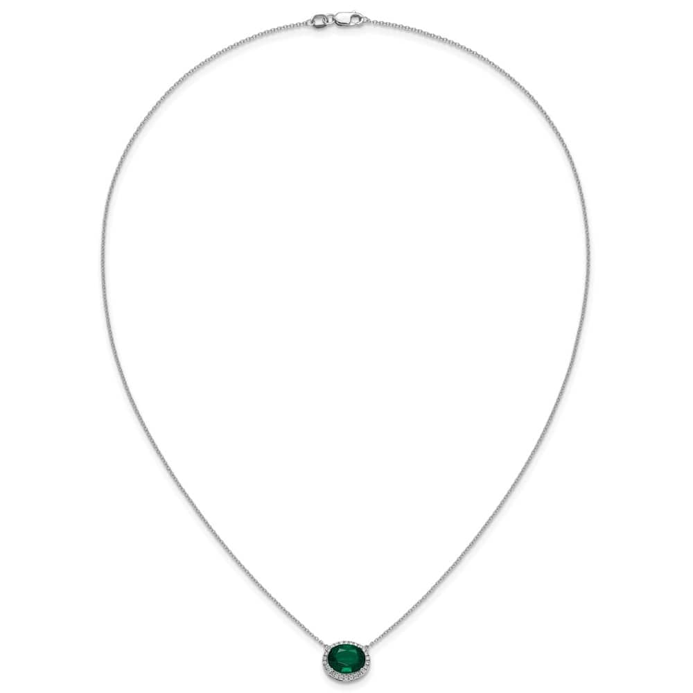 14K White Gold Oval Lab Created Emerald Diamond 18 inch Necklace