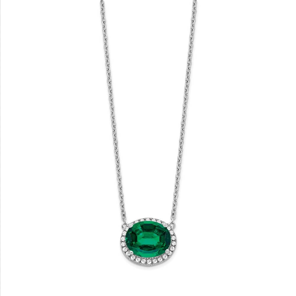 14K White Gold Oval Lab Created Emerald Diamond 18 inch Necklace