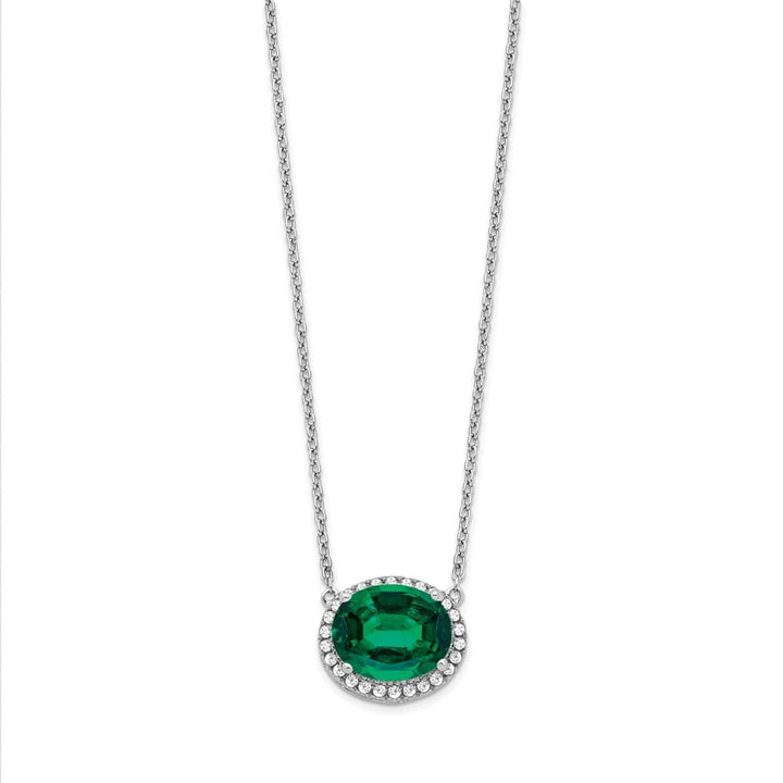 14K White Gold Oval Lab Created Emerald Diamond 18 inch Necklace