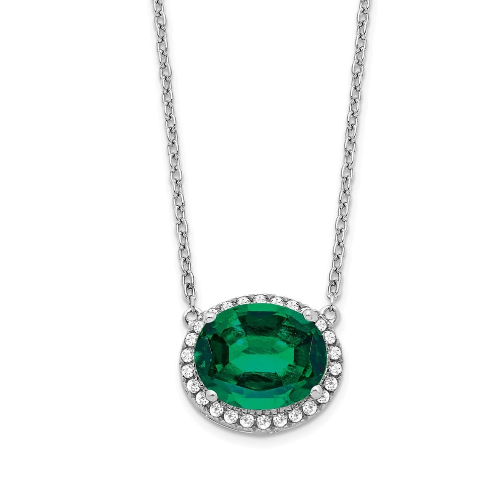 14K White Gold Oval Lab Created Emerald Diamond 18 inch Necklace