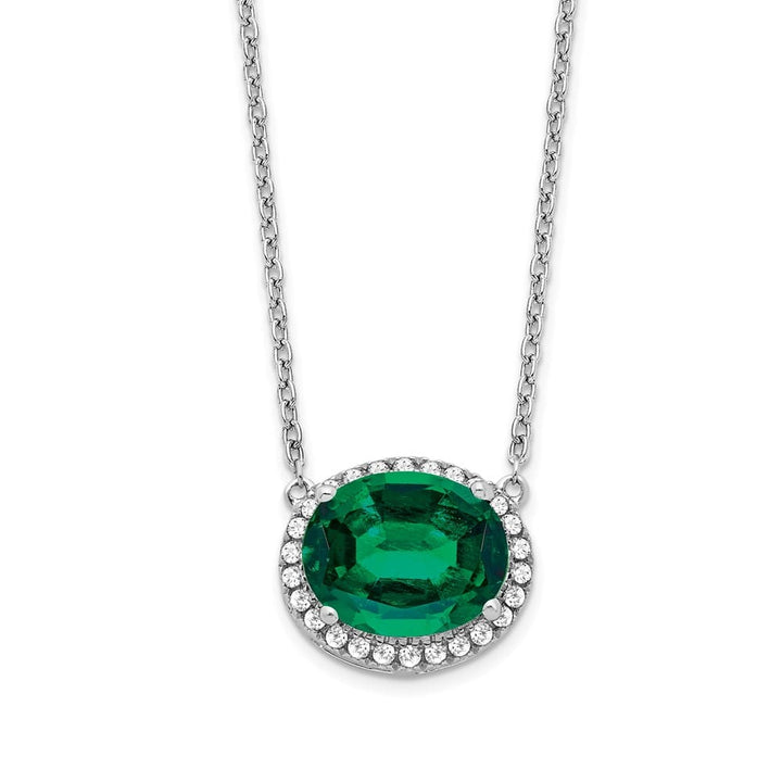 14K White Gold Oval Lab Created Emerald Diamond 18 inch Necklace