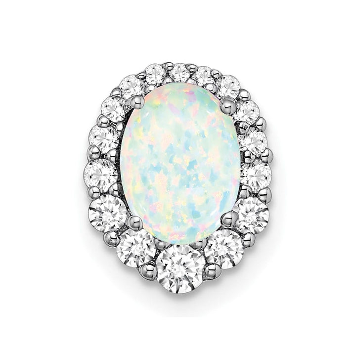 14K White Gold Oval Lab Created Opal and Diamond Halo Chain Slide