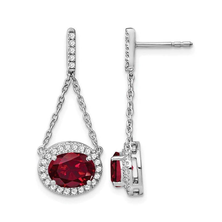 14K White Gold Oval Ruby and Diamond Chain Dangle Post Earrings, view 1 of 4