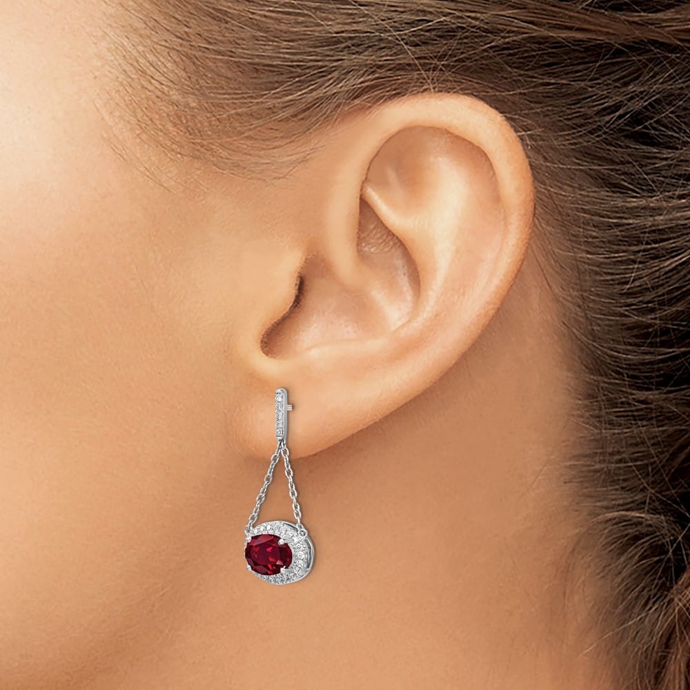 14K White Gold Oval Ruby and Diamond Chain Dangle Post Earrings, view 3 of 4