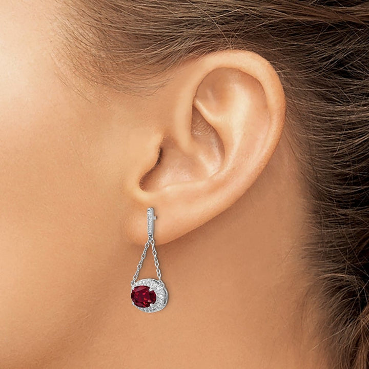 14K White Gold Oval Ruby and Diamond Chain Dangle Post Earrings, view 3 of 4