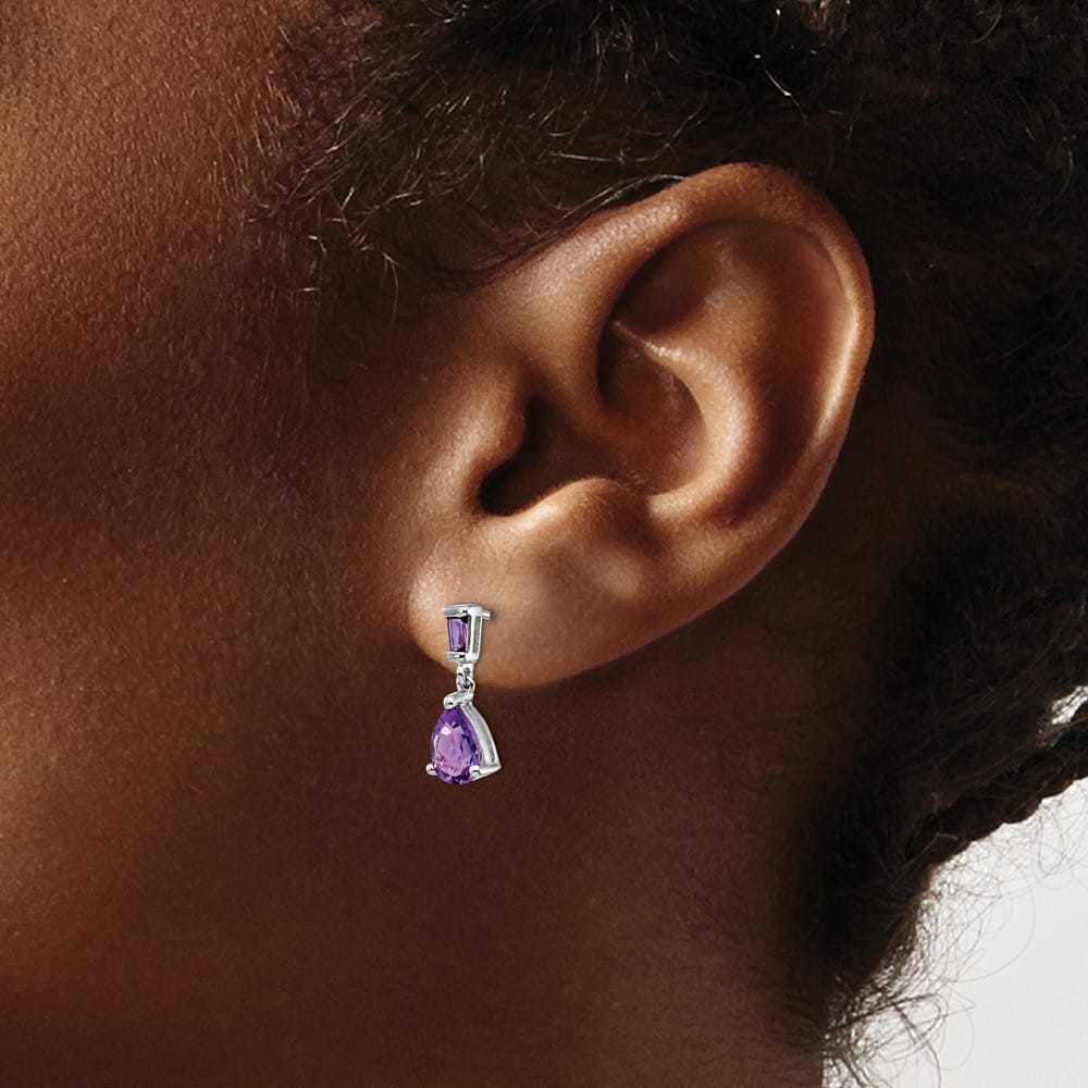 14K White Gold Pear/Baguette Amethyst Dangle Post Earrings, view 3 of 4