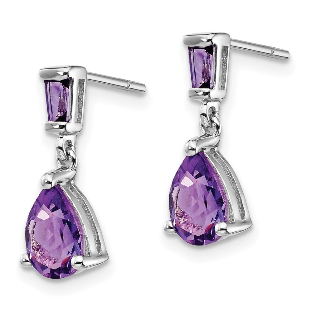 14K White Gold Pear/Baguette Amethyst Dangle Post Earrings, view 2 of 4