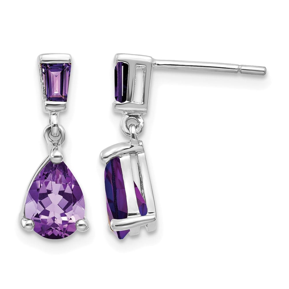 14K White Gold Pear/Baguette Amethyst Dangle Post Earrings, view 1 of 4