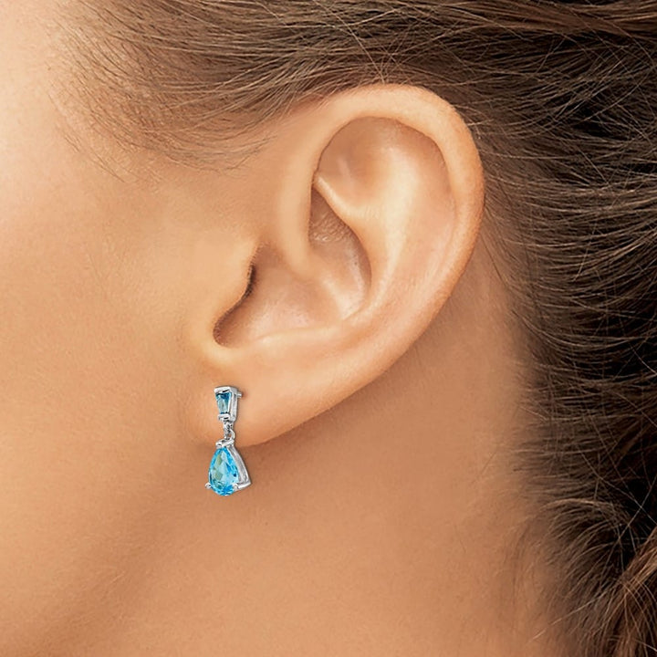 14K White Gold Pear/Baguette Blue Topaz Dangle Post Earrings, view 3 of 4