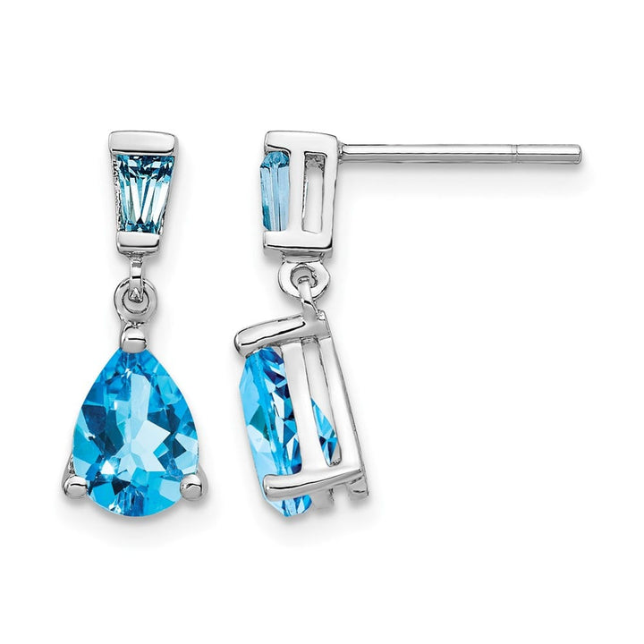 14K White Gold Pear/Baguette Blue Topaz Dangle Post Earrings, view 1 of 4