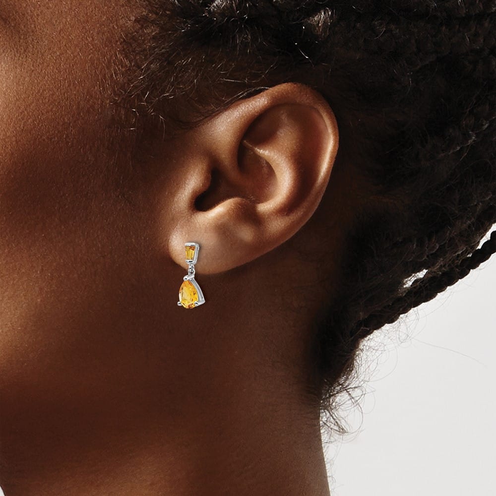 14K White Gold Pear/Baguette Citrine Dangle Post Earrings