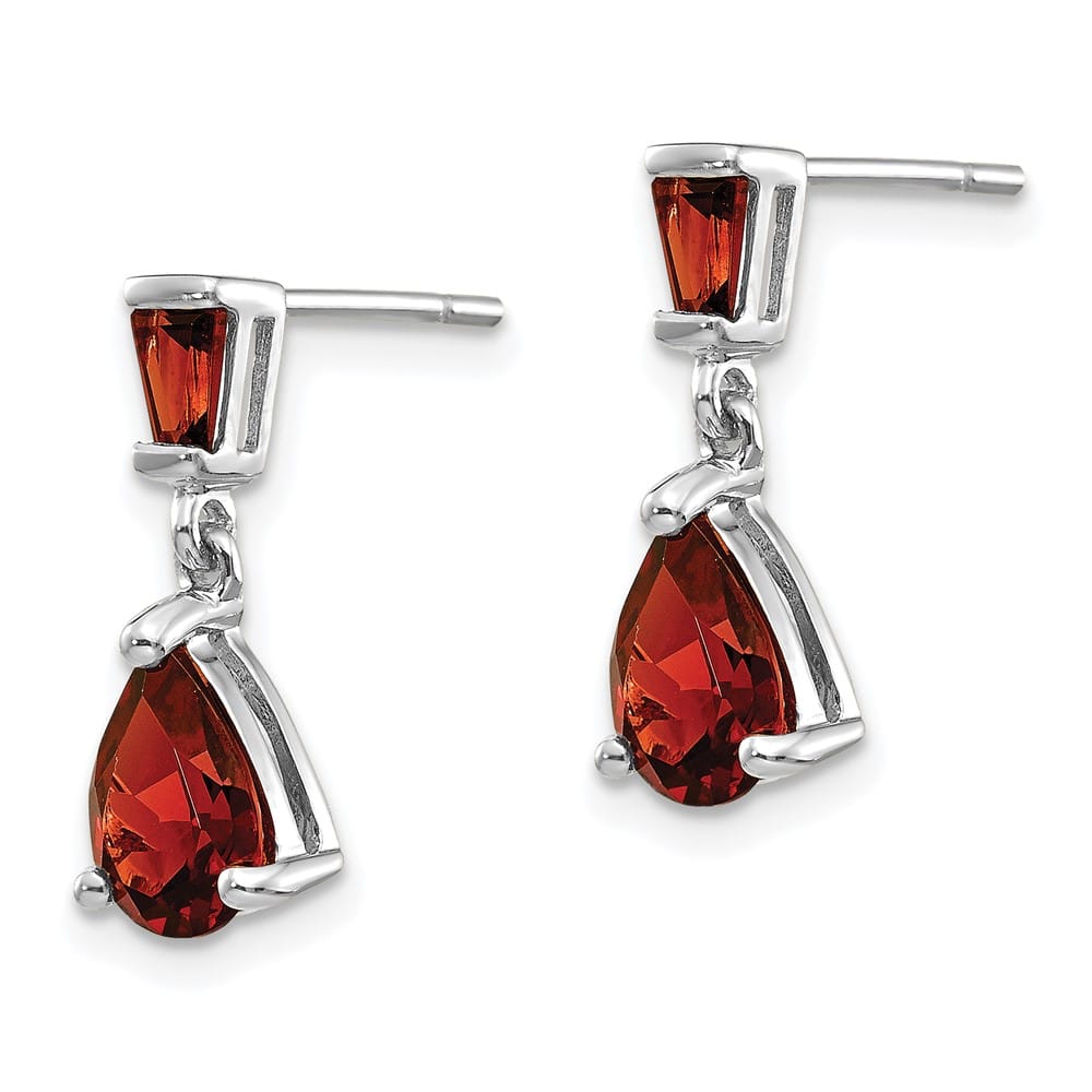 14K White Gold Pear/Baguette Garnet Dangle Post Earrings, view 2 of 4