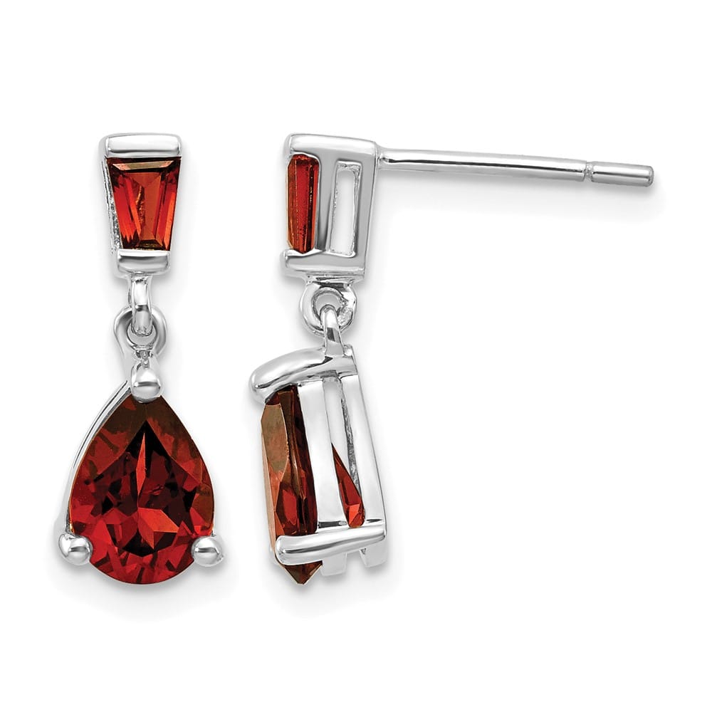 14K White Gold Pear/Baguette Garnet Dangle Post Earrings, view 1 of 4