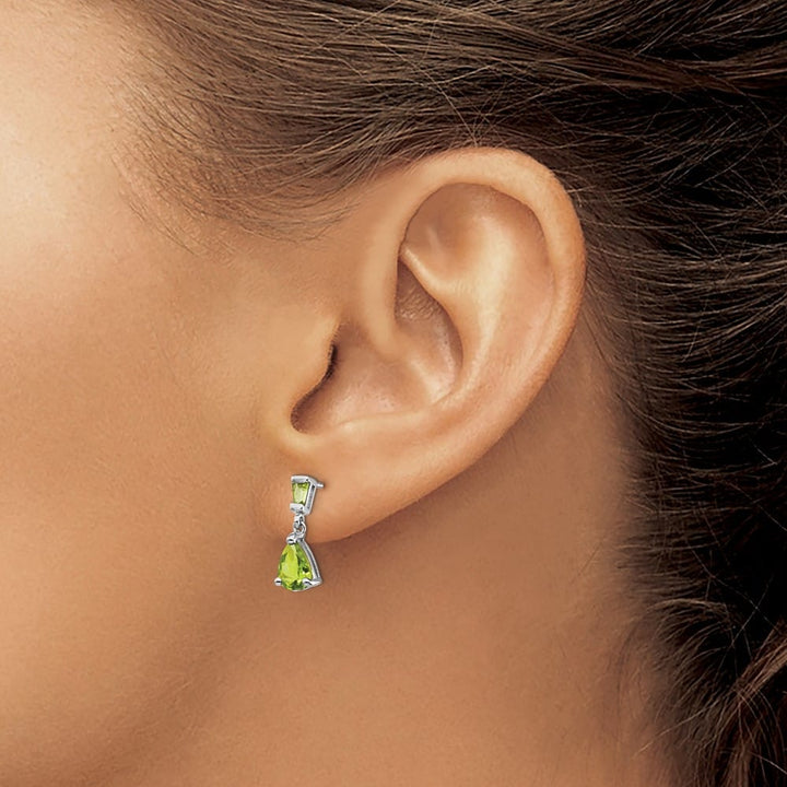 14K White Gold Pear/Baguette Peridot Dangle Post Earrings, view 3 of 4