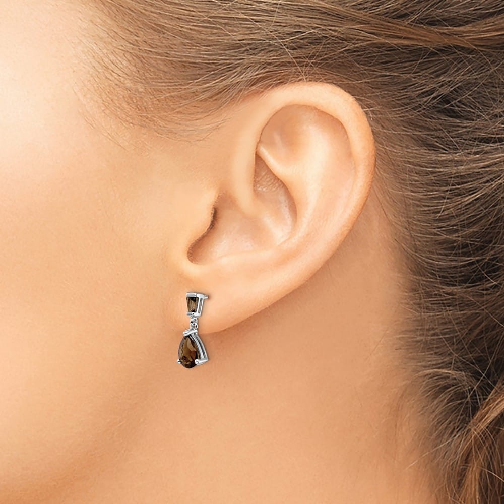 14K White Gold Pear/Baguette Smoky Quartz Dangle Post Earrings, view 3 of 4