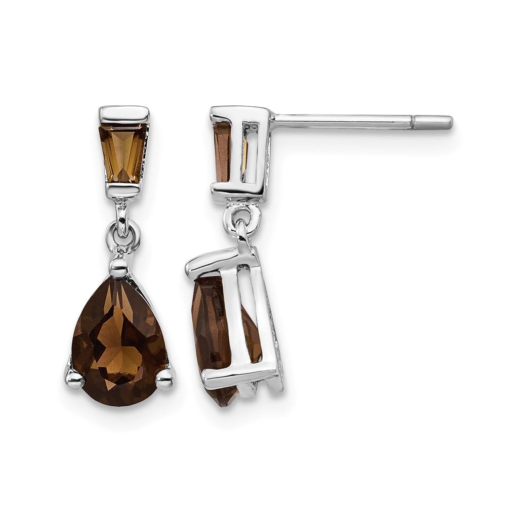 14K White Gold Pear/Baguette Smoky Quartz Dangle Post Earrings, view 1 of 4