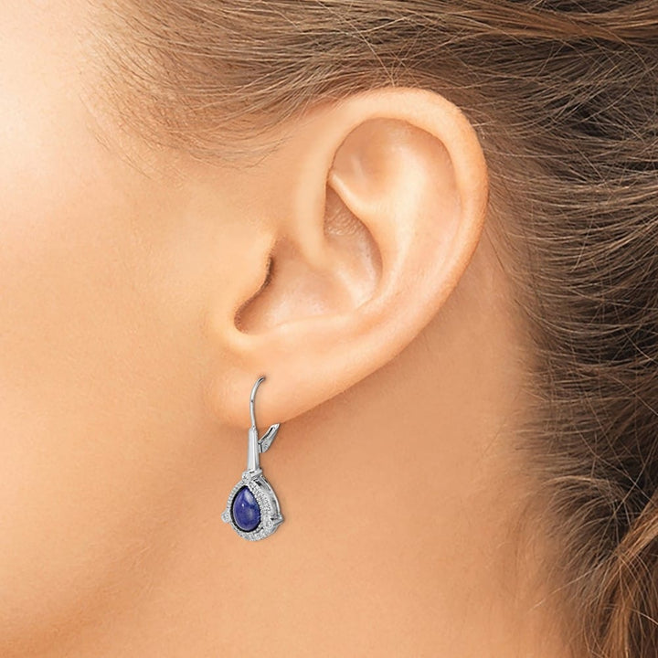 14K White Gold Pear Blue and 1/8 carat Diamond Leverback Earrings, view 3 of 4