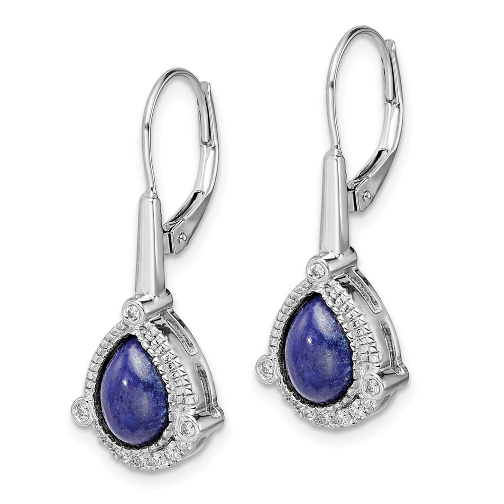 14K White Gold Pear Blue and 1/8 carat Diamond Leverback Earrings, view 2 of 4