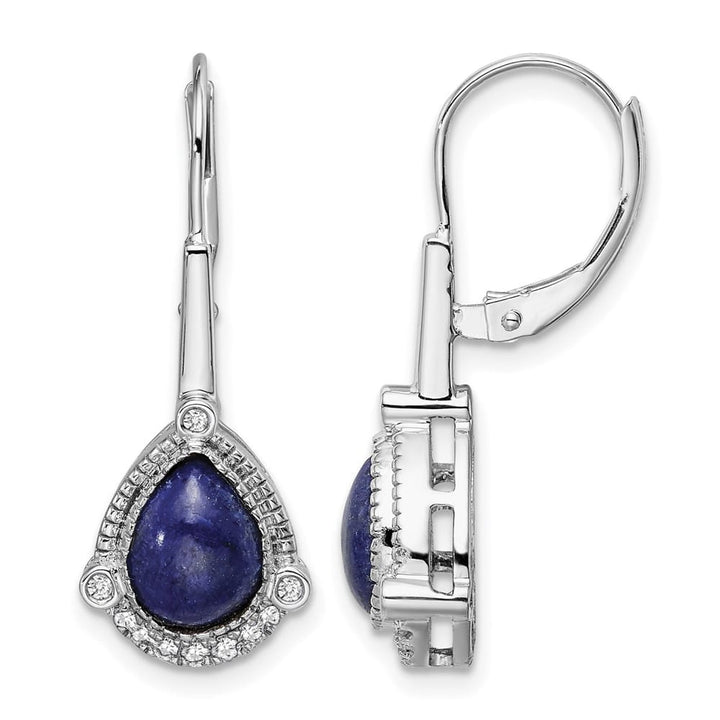 14K White Gold Pear Blue and 1/8 carat Diamond Leverback Earrings, view 1 of 4