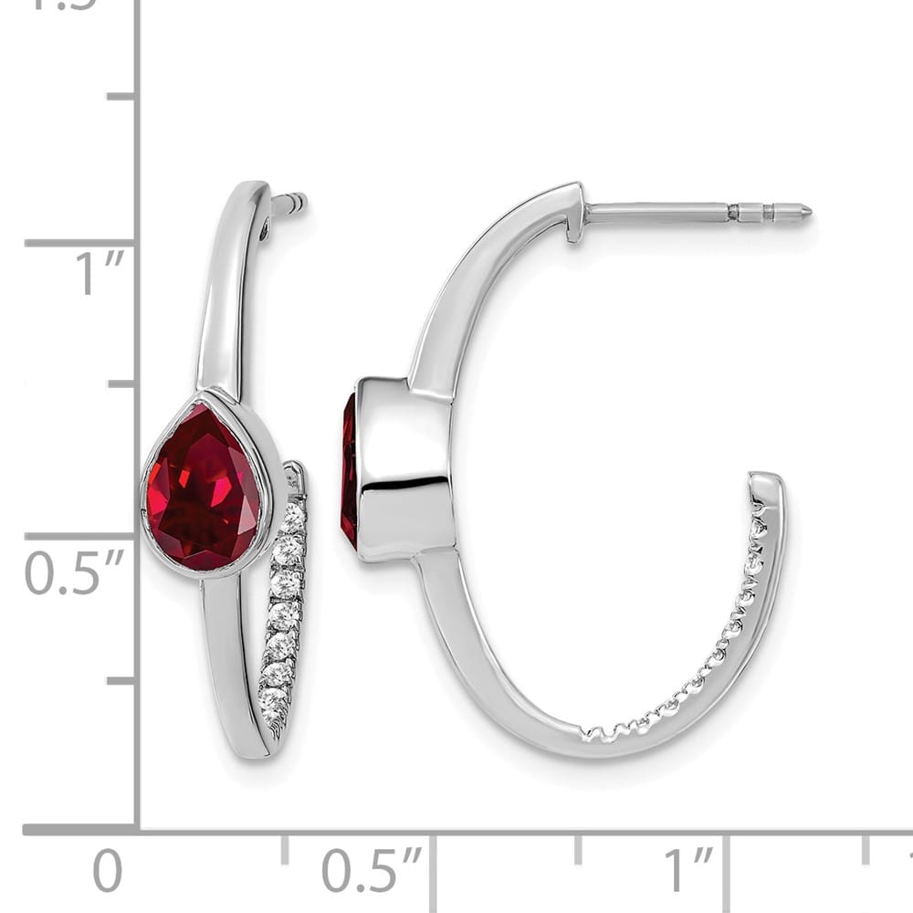 14K White Gold Pear Lab Created Ruby and Diamond J-Hoop Post Earrings, view 4 of 4