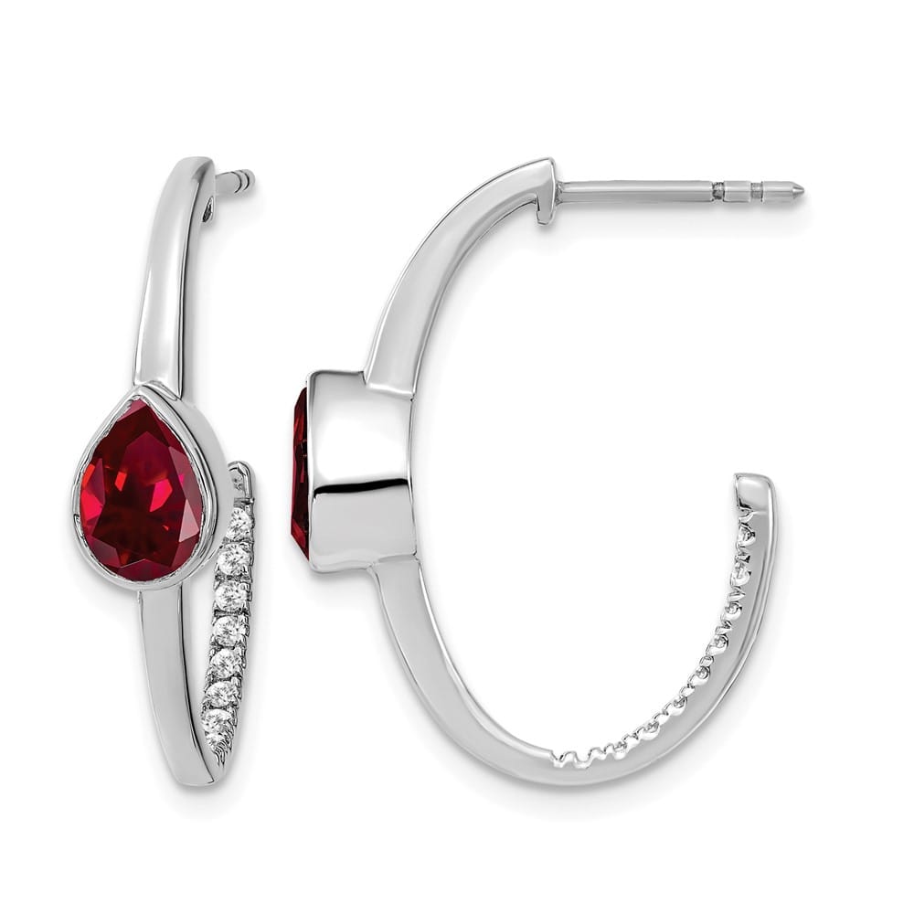 14K White Gold Pear Lab Created Ruby and Diamond J-Hoop Post Earrings, view 1 of 4