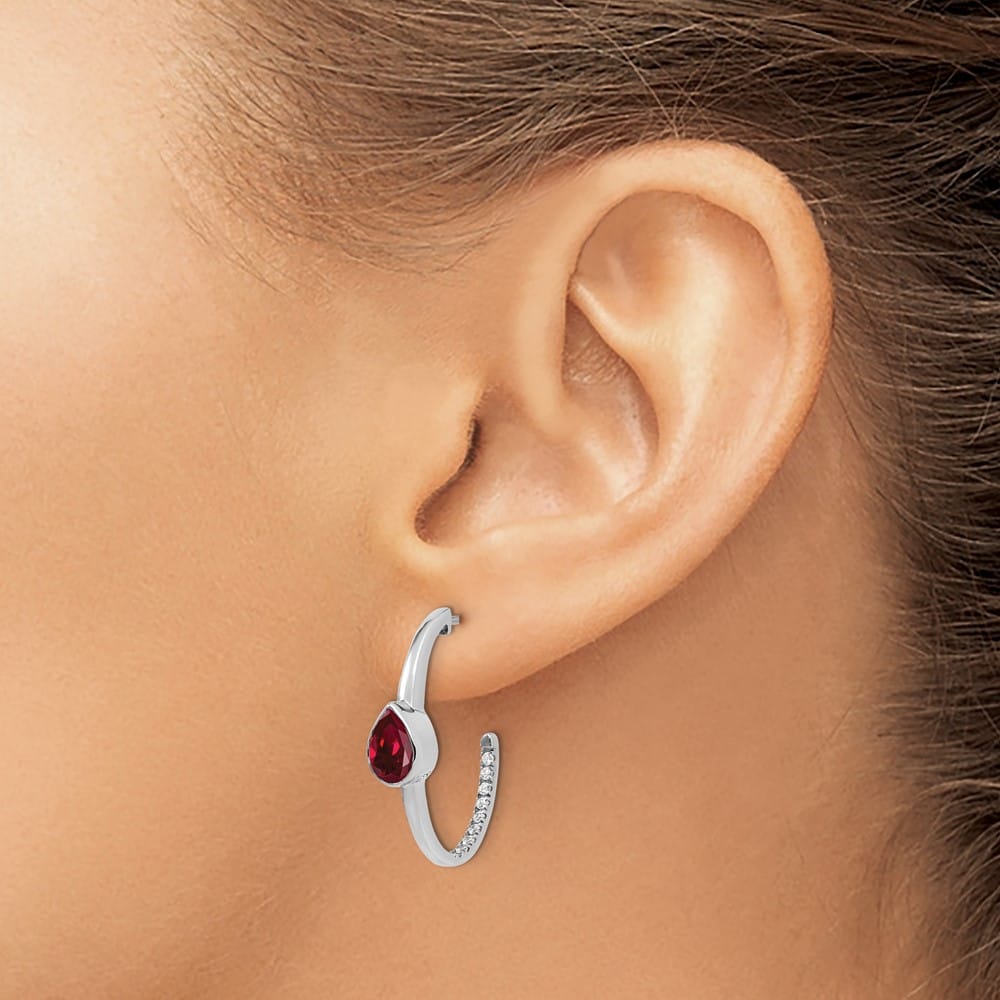 14K White Gold Pear Lab Created Ruby and Diamond J-Hoop Post Earrings, view 3 of 4