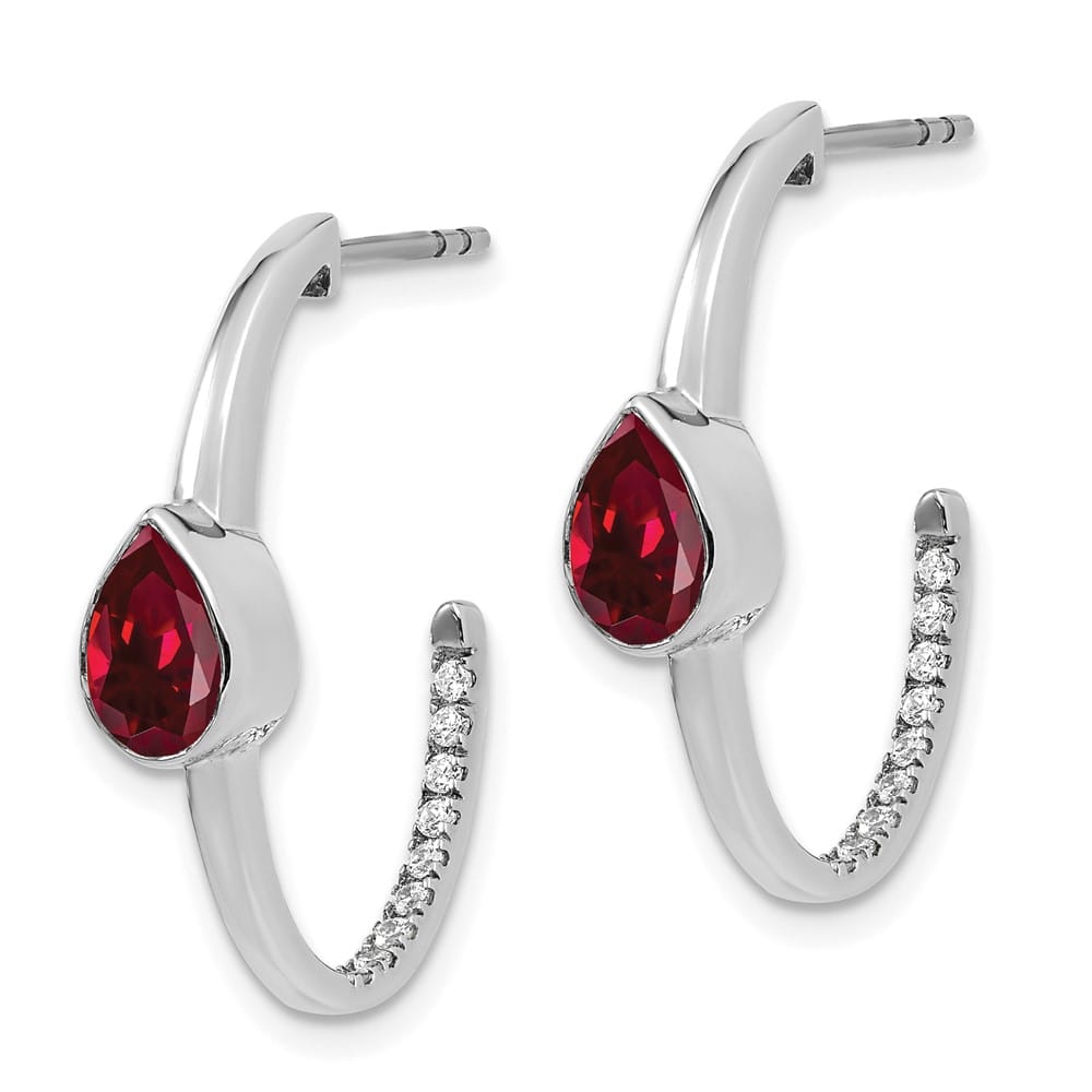 14K White Gold Pear Lab Created Ruby and Diamond J-Hoop Post Earrings, view 2 of 4